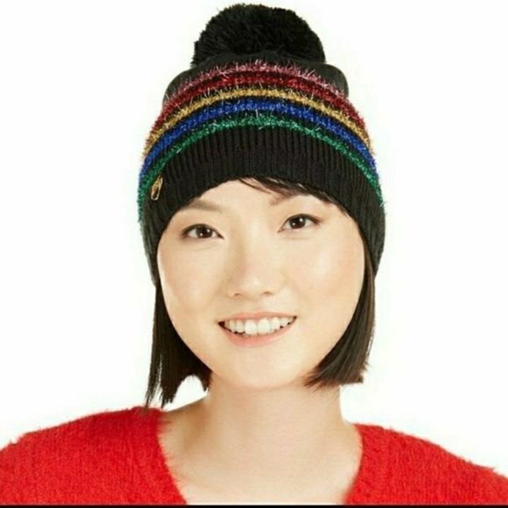 BETSY JOHNSON Hat BLACK RAINBOW STRIPE POMPOM CAP BEANIE $28. Nwt